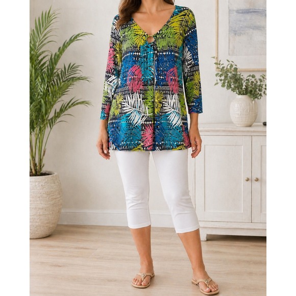 Ruby Rd. Tops - Ruby Rd. Tunic Top Women 2X Multicolor Excellent Tropical Palm O-Ring 3/4 Sleeve